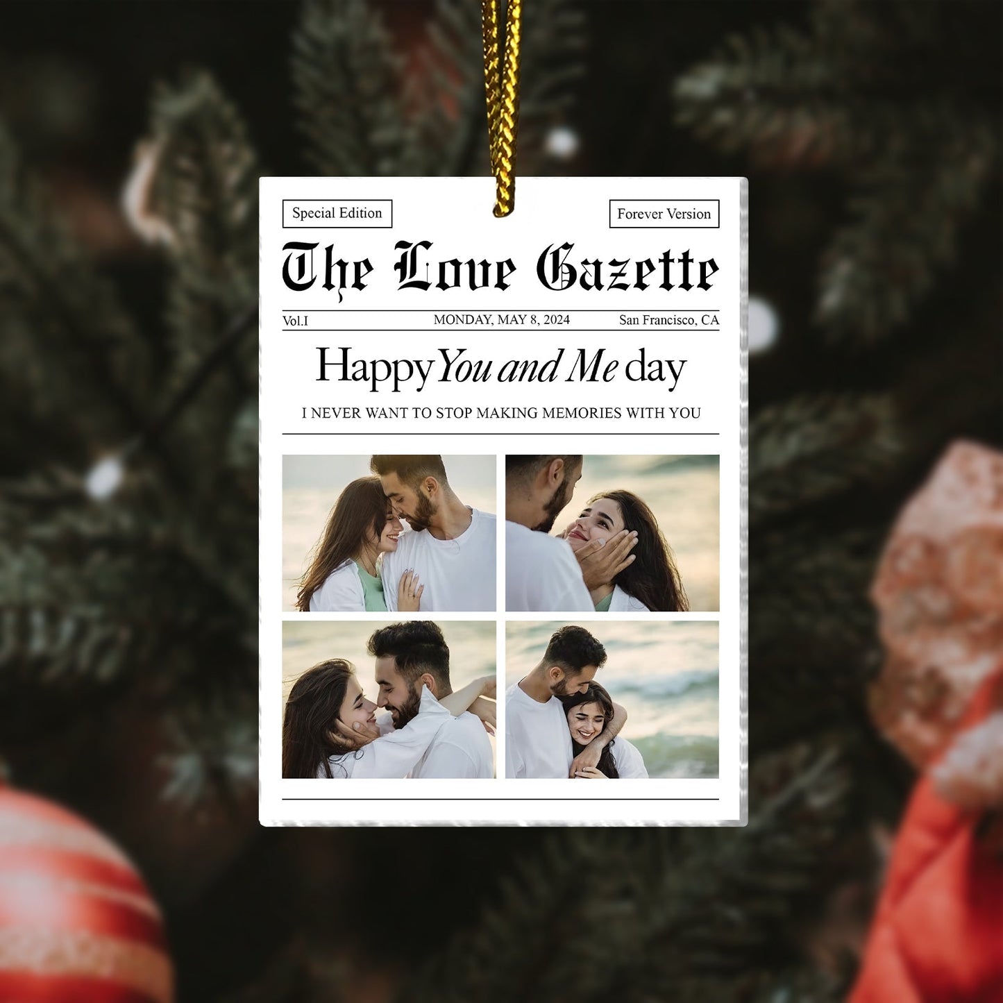 365Gifty personalized couple photo ornament designed like a love newspaper with four romantic couple photos
