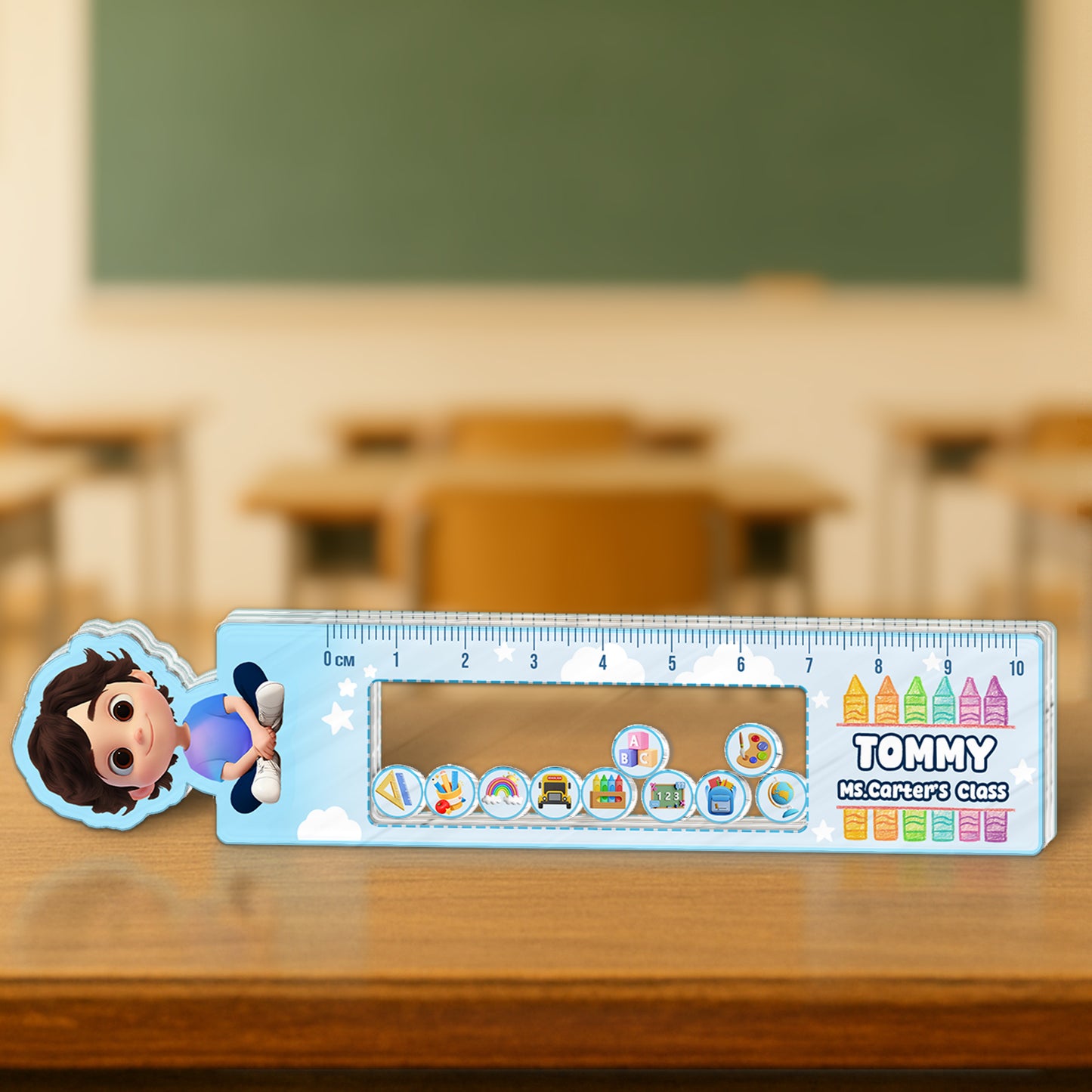 365Gifty Shaking Ruler For Kids featuring a blue cartoon character design with colorful icons and measurement scale