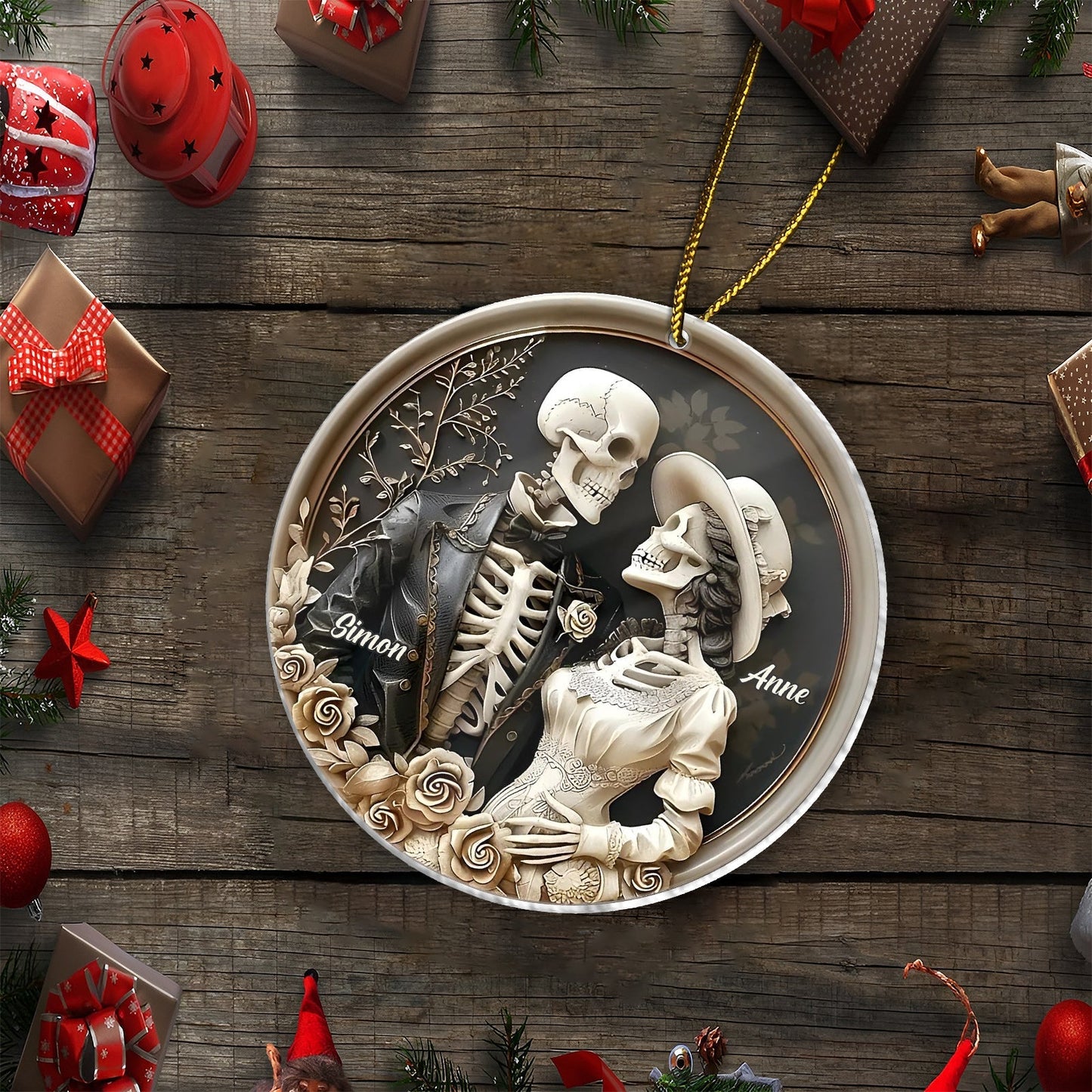 365Gifty personalized halloween couple ornament featuring skeleton bride and groom with names Simon and Anne