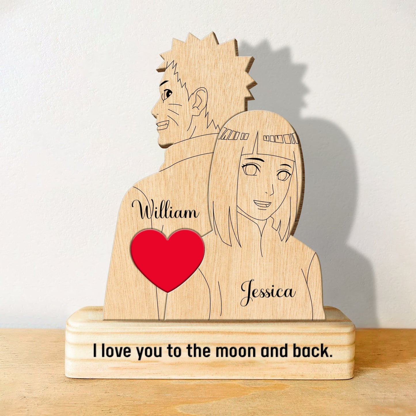 Personalized wooden gift featuring anime couple with names, unique anime couple gift ideas for special occasions