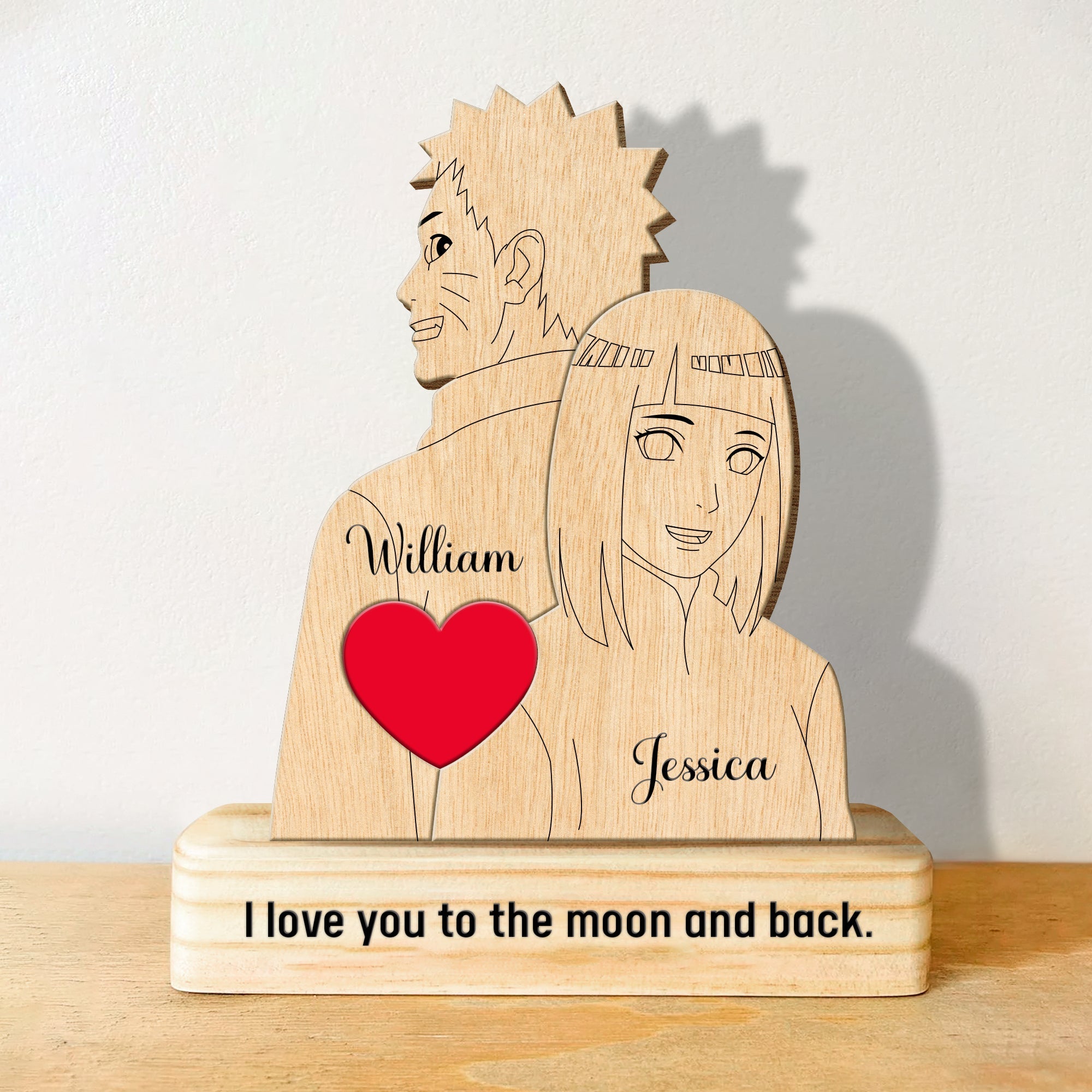 Personalized wooden gift featuring anime couple with names, unique anime couple gift ideas for special occasions