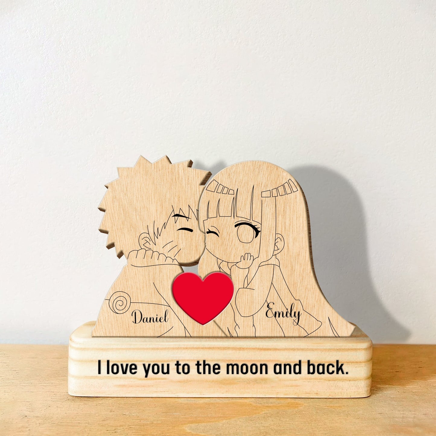 Personalized wooden anime couple gift featuring engraved characters and heartfelt message for unique anime couple gift ideas