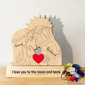 Unique anime couple gift ideas featuring a wooden art piece with two characters and a heartfelt message