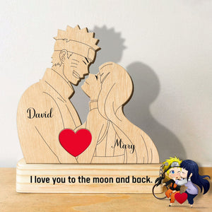 Personalized wooden plaque featuring anime couple with a heart, unique anime couple gift ideas.