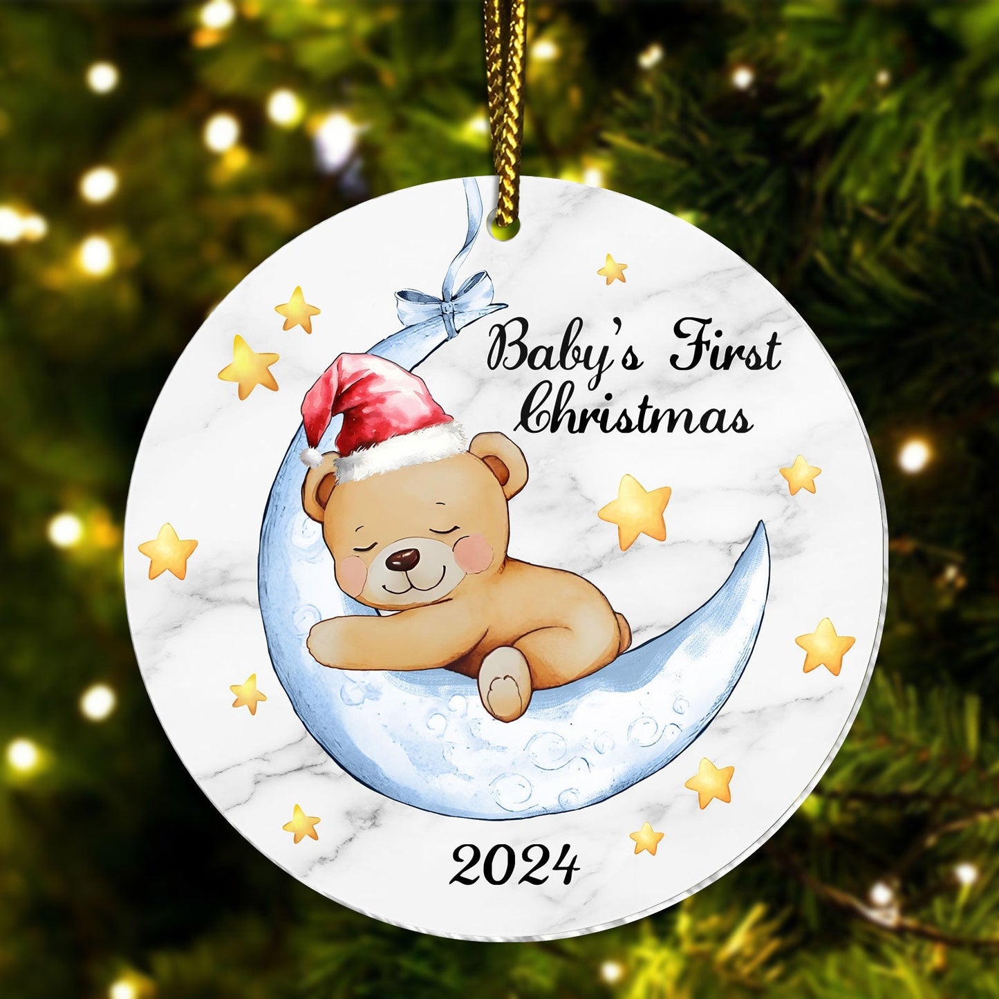 Unique baby Christmas gift ornament featuring sleeping bear with Santa hat on crescent moon and stars