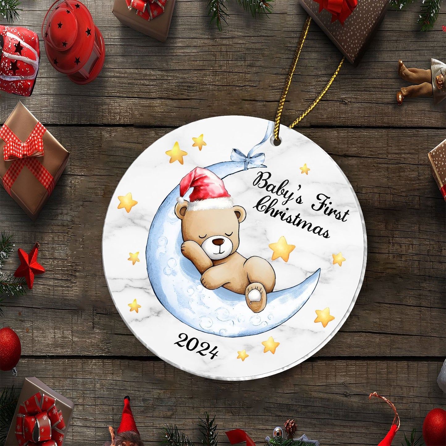 Unique baby Christmas gift ornament featuring a bear with Santa hat on a moon and stars with Baby's First Christmas 2024 text