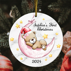 Unique baby Christmas gift ornament with sleeping bear on crescent moon and personalized text