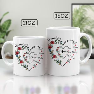 Unique family gift mug featuring floral heart design with personalized names for beloved family members