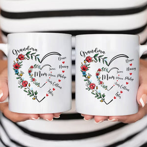 Unique family gift mug featuring floral heart design with names for Grandma and family members
