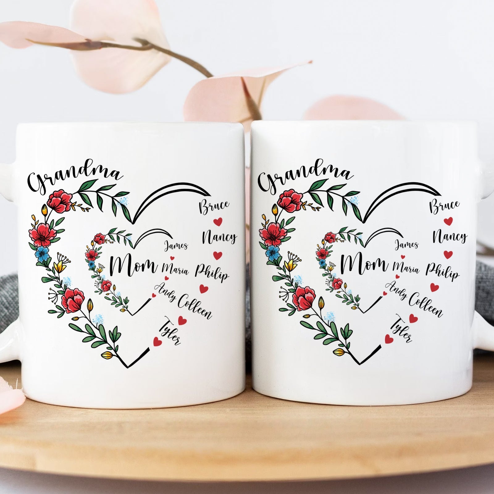 Unique family gift mug featuring floral heart design with names for personalized family tribute