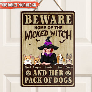 Customizable Beware Home of the Wicked Witch Sign with Dogs for Unique Halloween Gifts for Pet Lovers