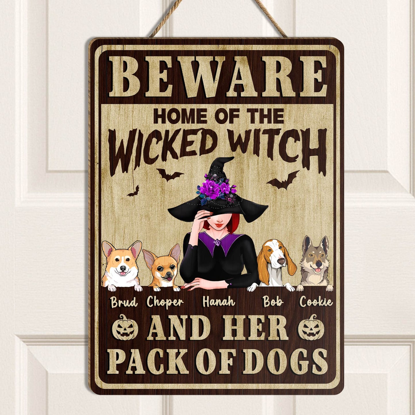 Beware sign featuring a wicked witch and her pack of dogs, perfect for unique Halloween gifts for pet lovers