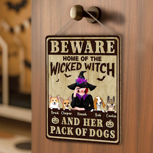Beware sign featuring a witch and dogs, perfect for unique Halloween gifts for pet lovers