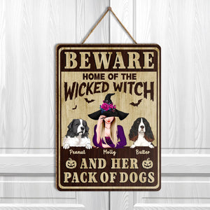 Beware sign featuring a witch and her dogs, perfect as unique Halloween gifts for pet lovers
