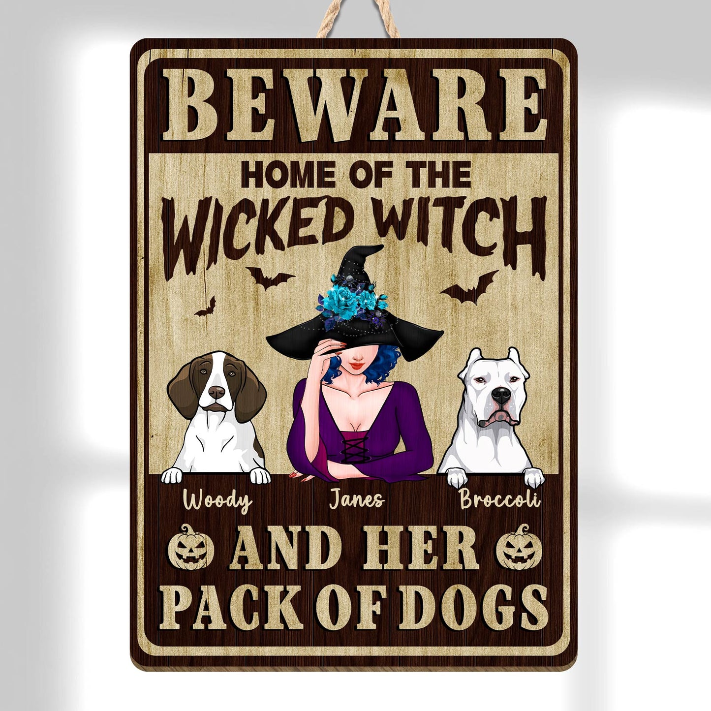 Beware sign featuring a witch and dogs, perfect as unique Halloween gifts for pet lovers