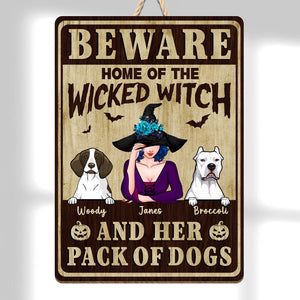 Beware sign featuring a witch and dogs, perfect as unique Halloween gifts for pet lovers