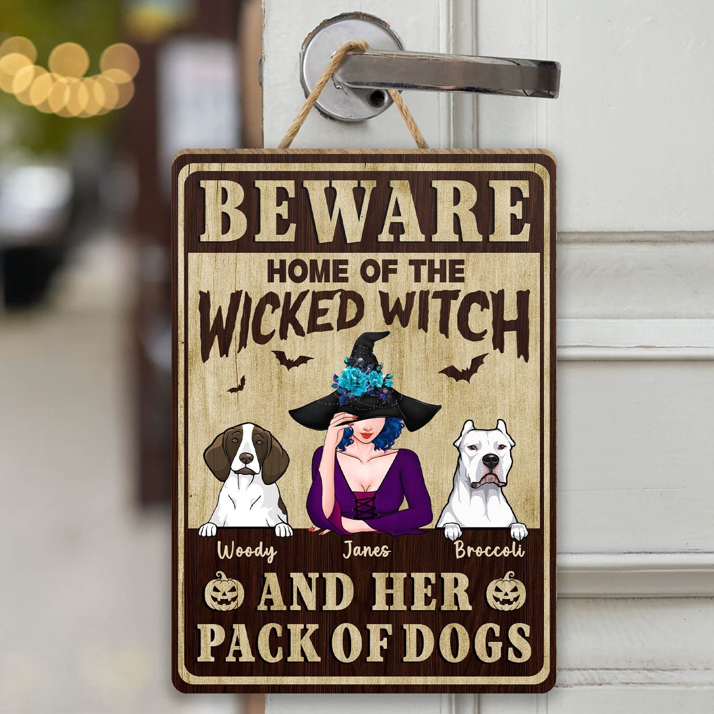 Unique Halloween gifts for pet lovers, featuring a witch sign with dogs named Woody, Janes, and Broccoli