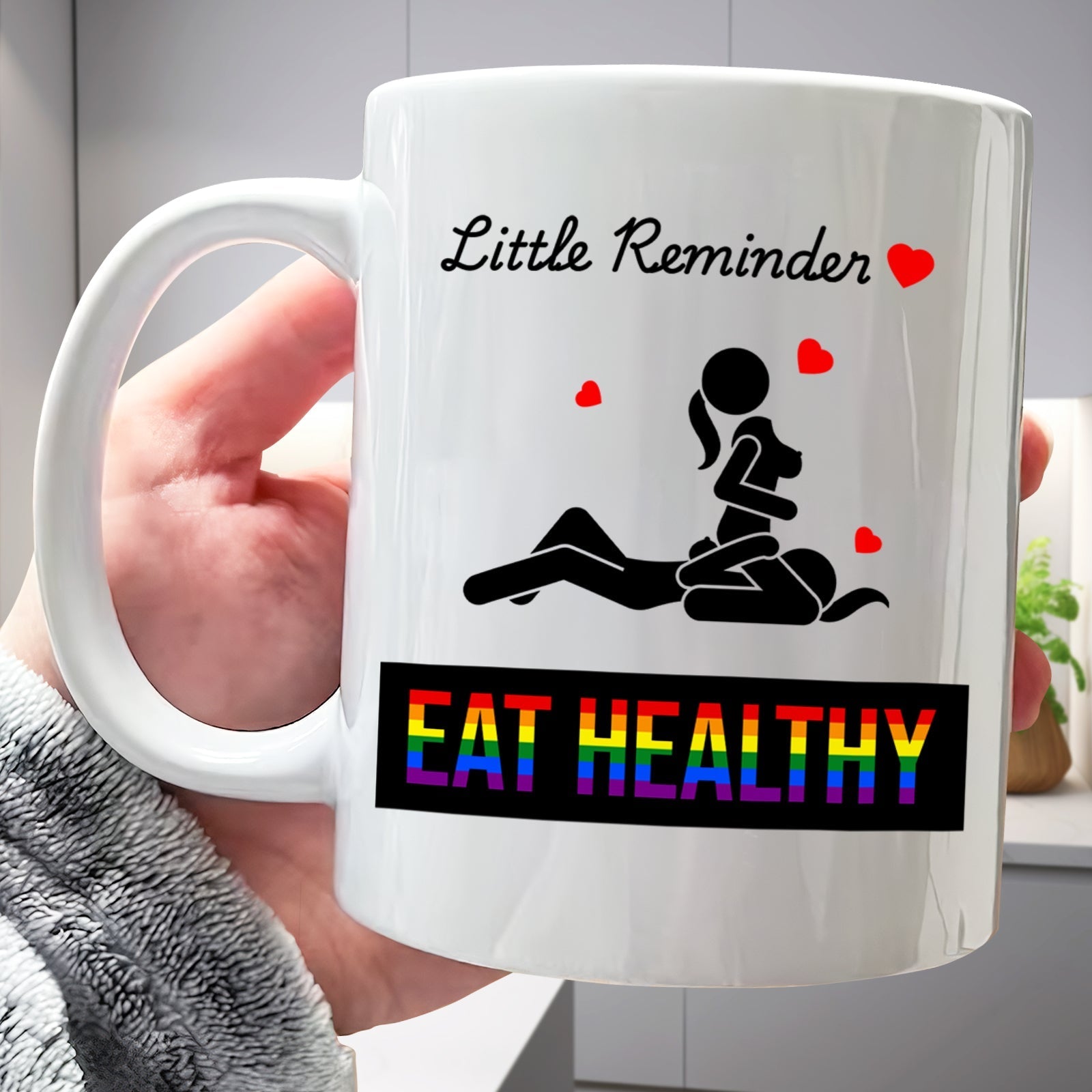 Unique mug for couples featuring a playful design with a reminder to eat healthy