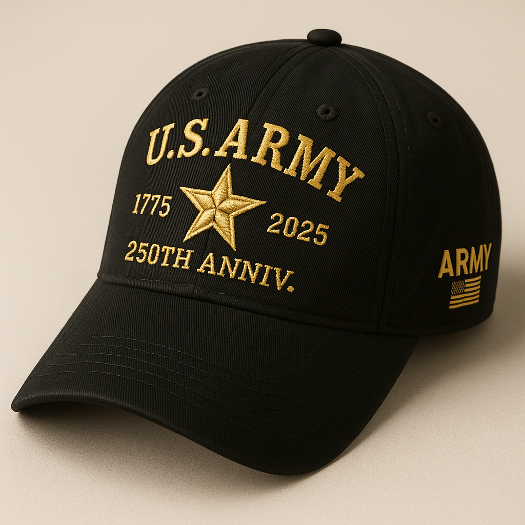 365Gifty black U.S. Army 250th Anniversary Cap with gold embroidered star and dates 1775 2025