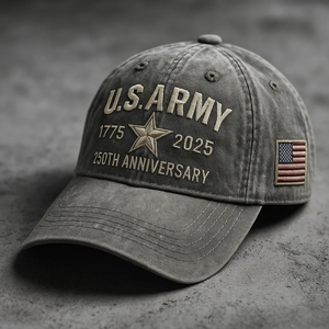 US Army 250th anniversary cap in gray with embroidered star and American flag patch