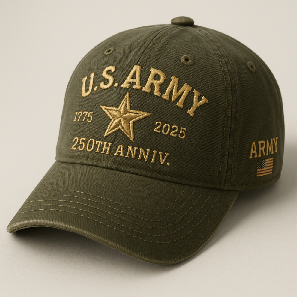 365Gifty U.S. Army 250th Anniversary Cap in olive green with gold embroidery and adjustable strap