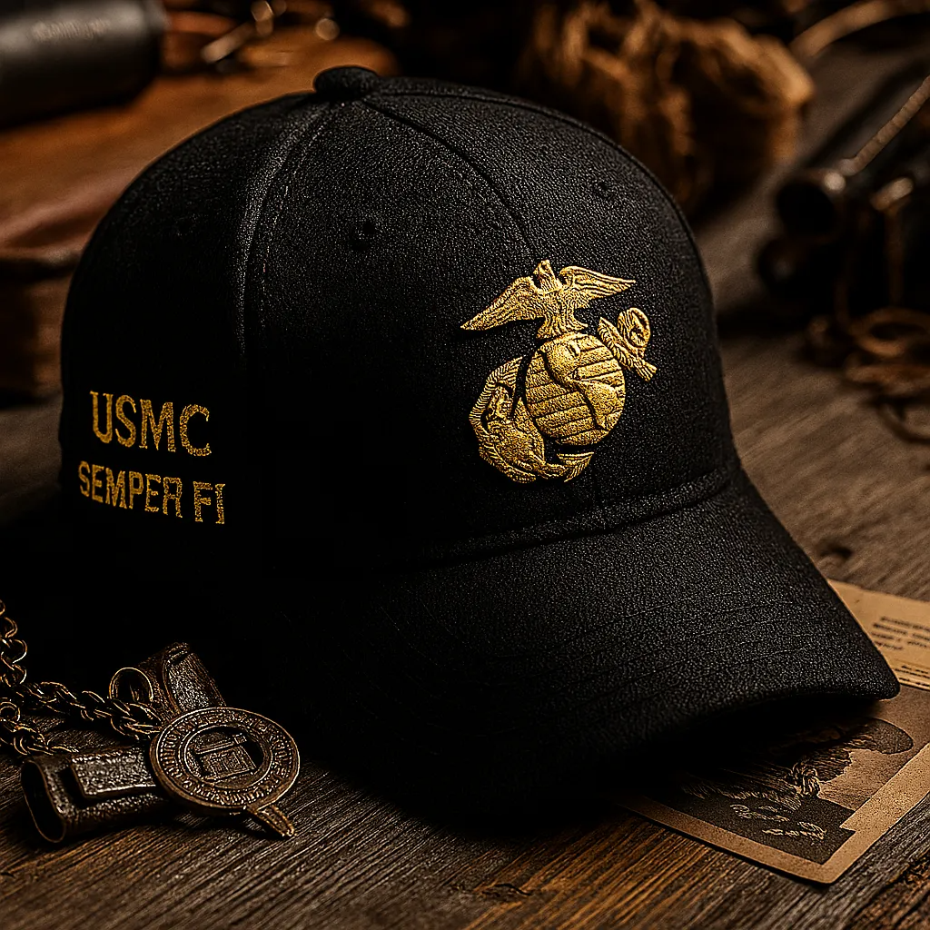 Black USMC Semper Fi hat with gold embroidered Marine Corps emblem and text by 365Gifty