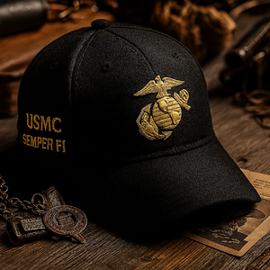 Black USMC Semper Fi hat with gold embroidered Marine Corps emblem and text by 365Gifty