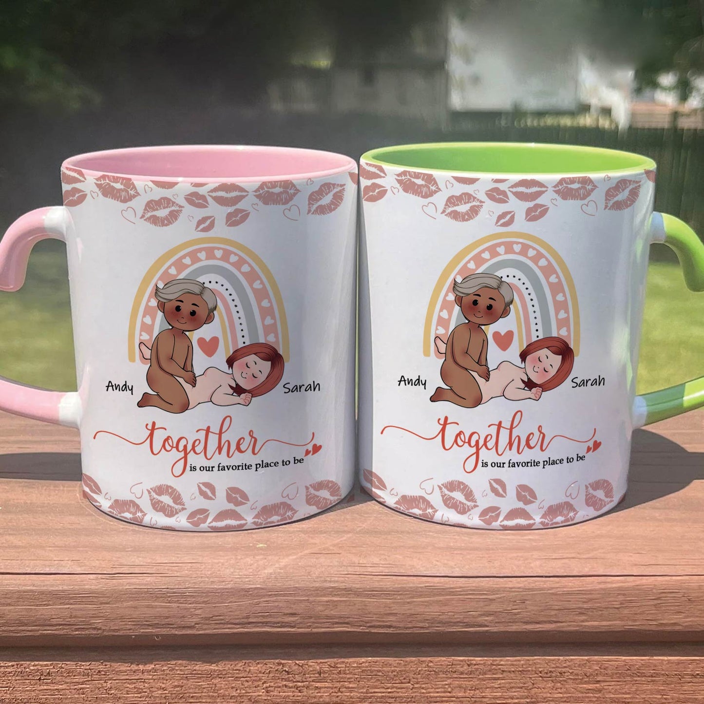 Personalized couple mug with romantic illustration and names Andy and Sarah on white ceramic mugs
