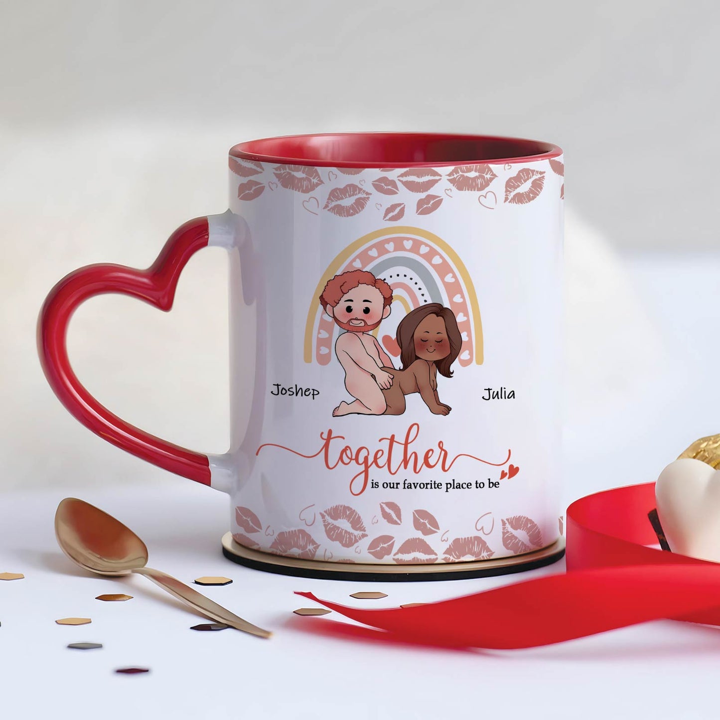 365Gifty personalized couple mug with heart-shaped handle and custom names Joshep and Julia