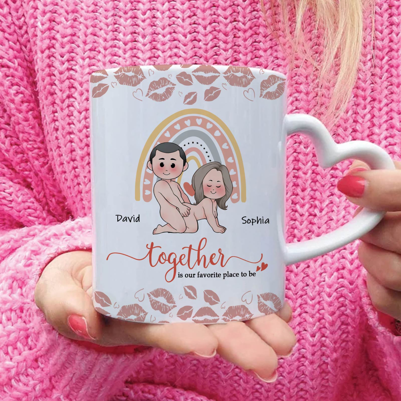 Personalized couple mug with cute cartoon couple design and heart-shaped handle