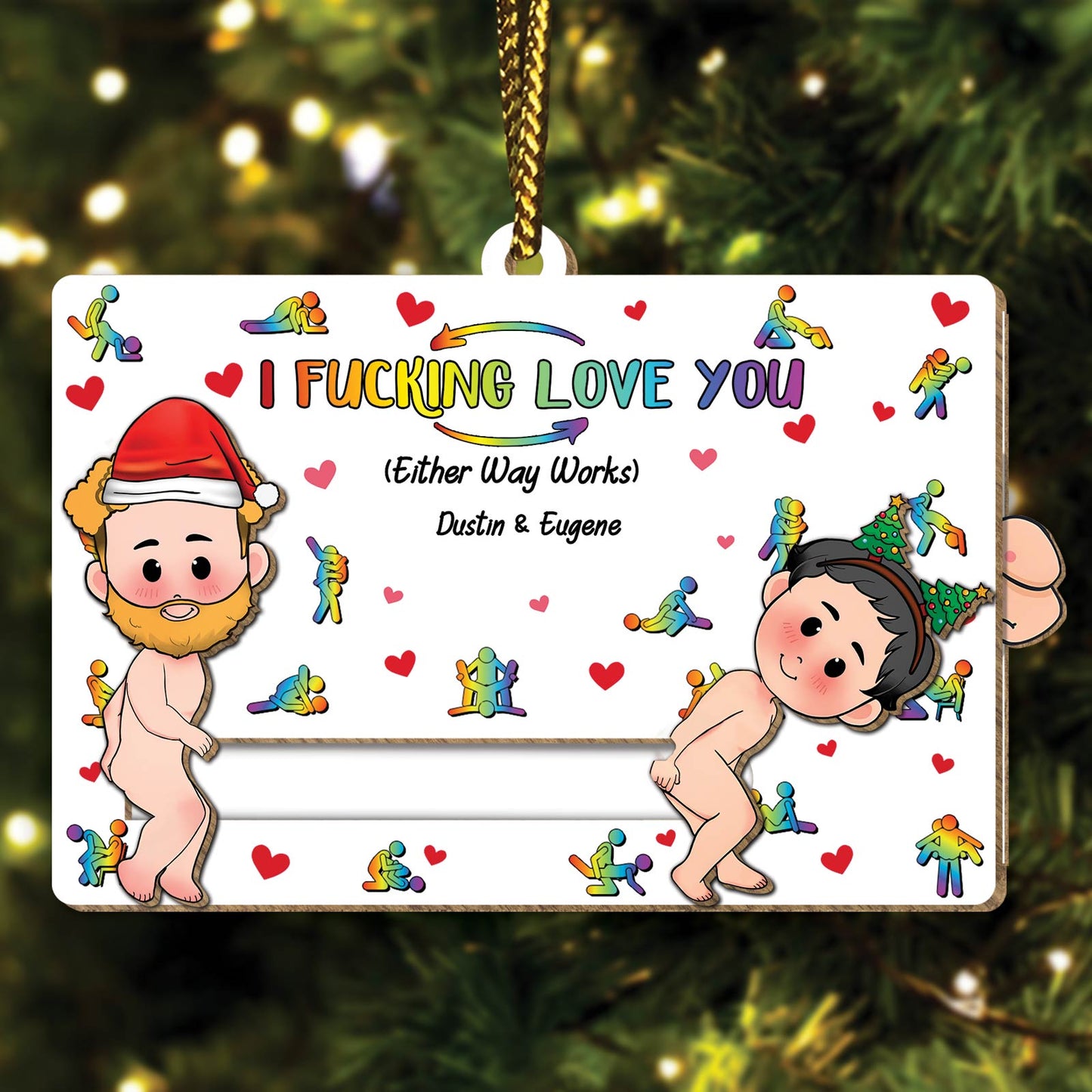 365Gifty personalized couple wooden ornament with cartoon couple and colorful love text hanging on Christmas tree