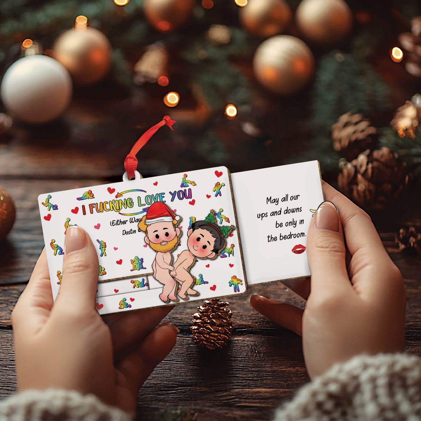 365Gifty personalized couple wooden ornament with humorous holiday design and customizable names