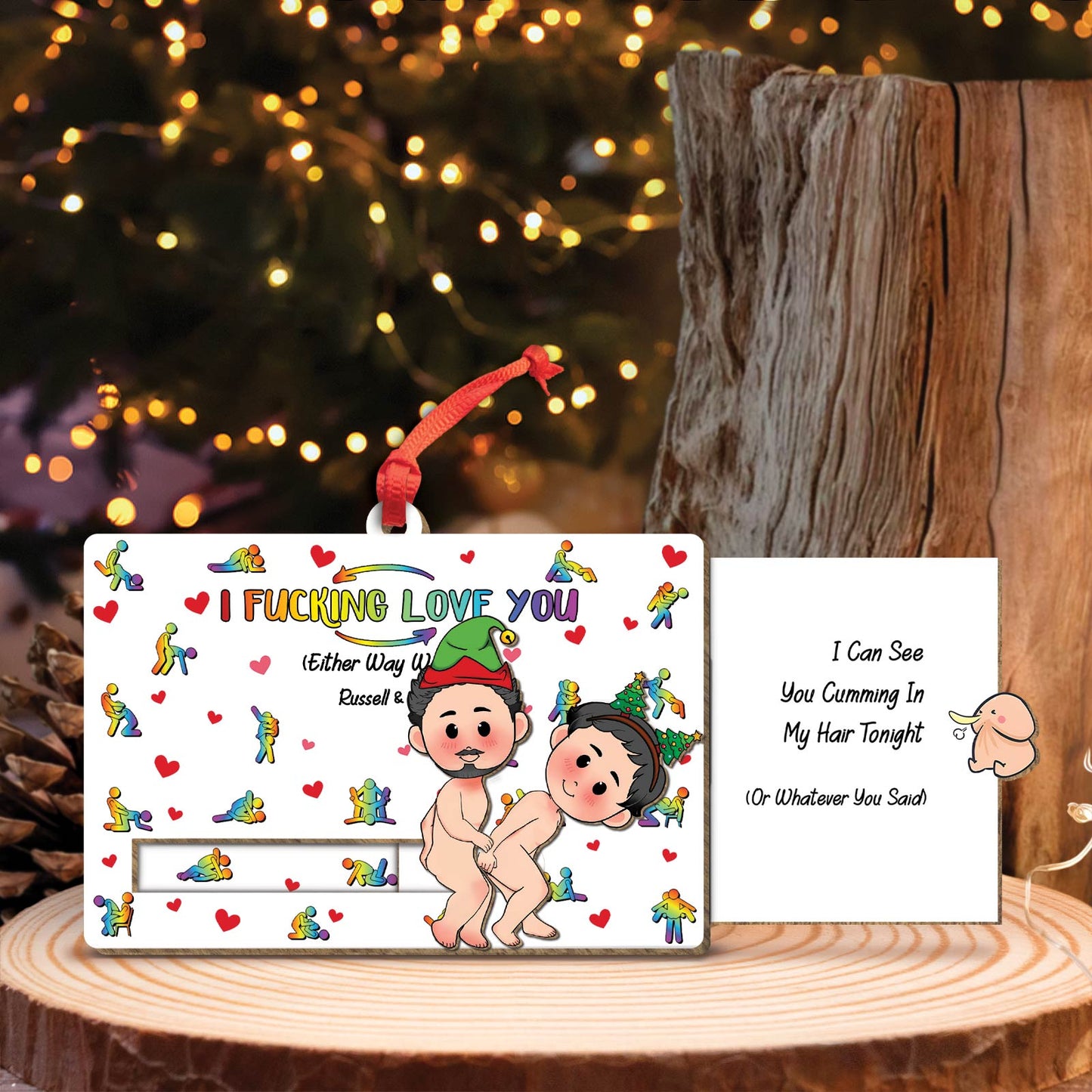 365Gifty personalized couple wooden ornament with humorous cartoon couple and love message