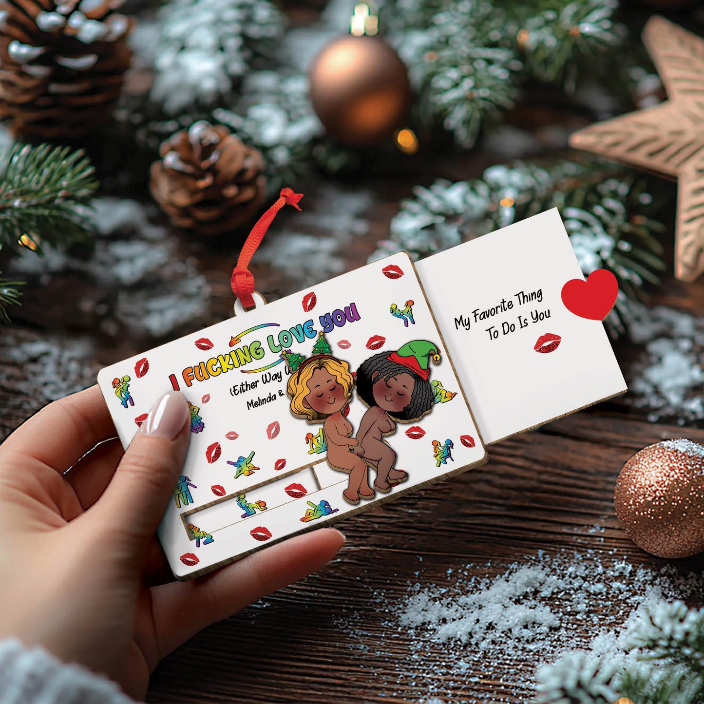 365Gifty personalized couple wooden ornament with colorful cartoon couple and love message in festive setting
