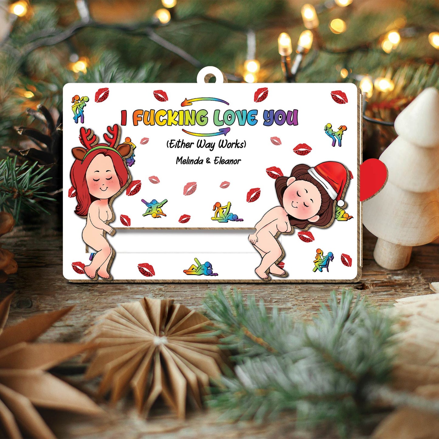 365Gifty personalized couple wooden ornament with colorful love message and cute cartoon characters