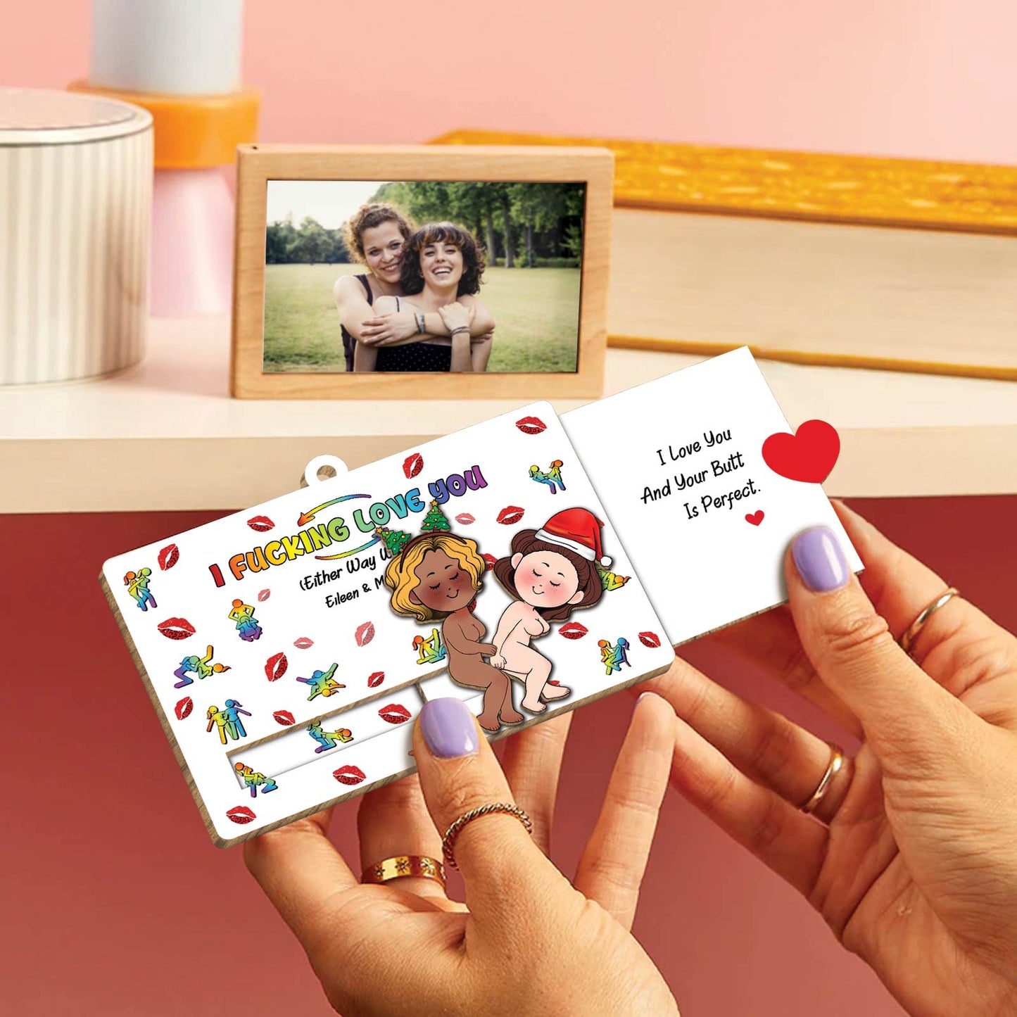 365Gifty personalized couple wooden ornament with colorful cartoon design and romantic message inside