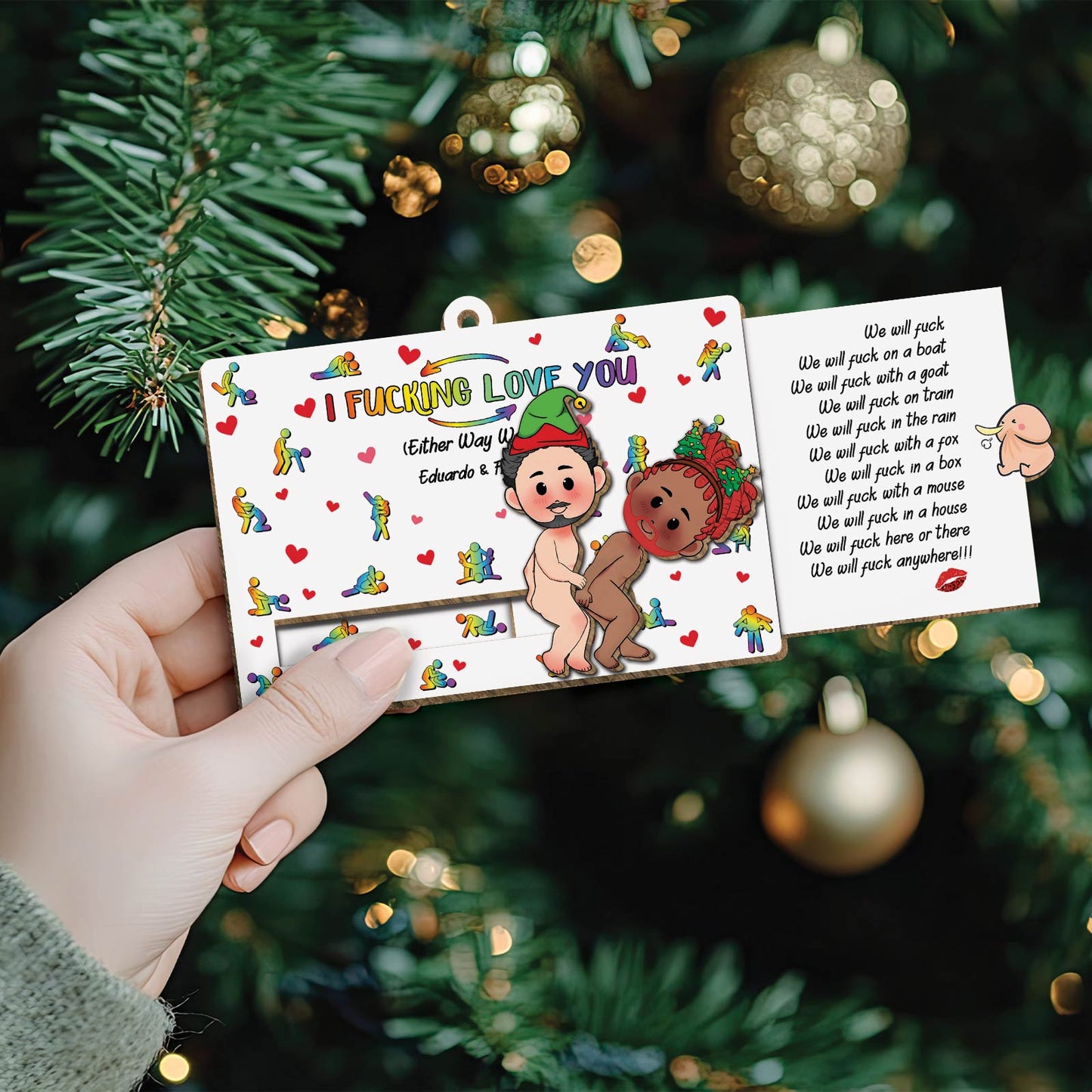 Personalized couple wooden ornament with colorful cartoon characters and love message by 365Gifty