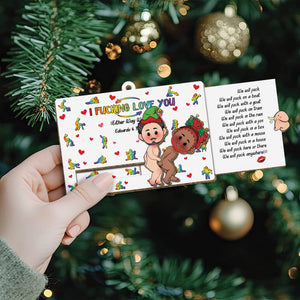 Personalized couple wooden ornament with colorful cartoon characters and love message by 365Gifty