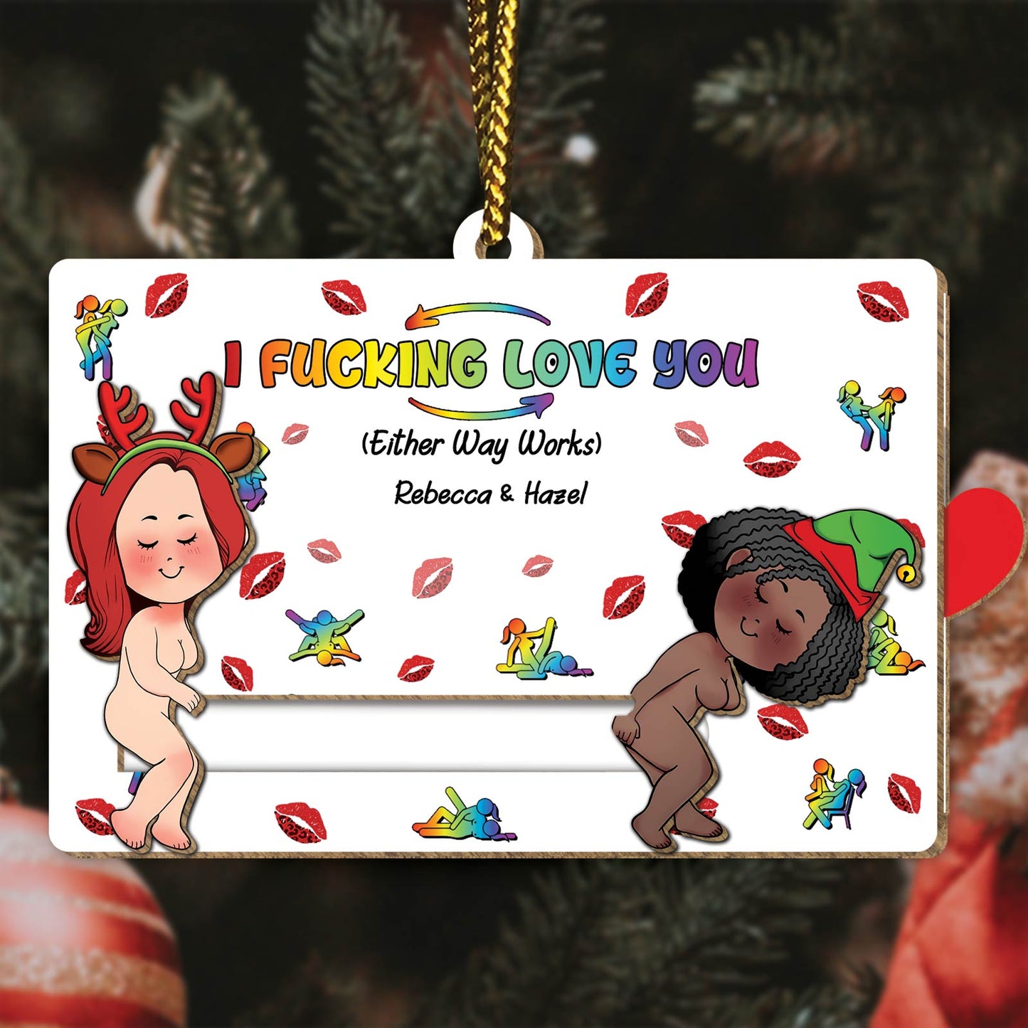 Personalized couple wooden ornament with colorful love message and cartoon characters Rebecca and Hazel