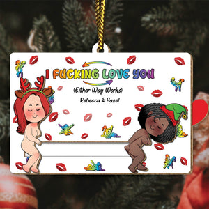 Personalized couple wooden ornament with colorful love message and cartoon characters Rebecca and Hazel