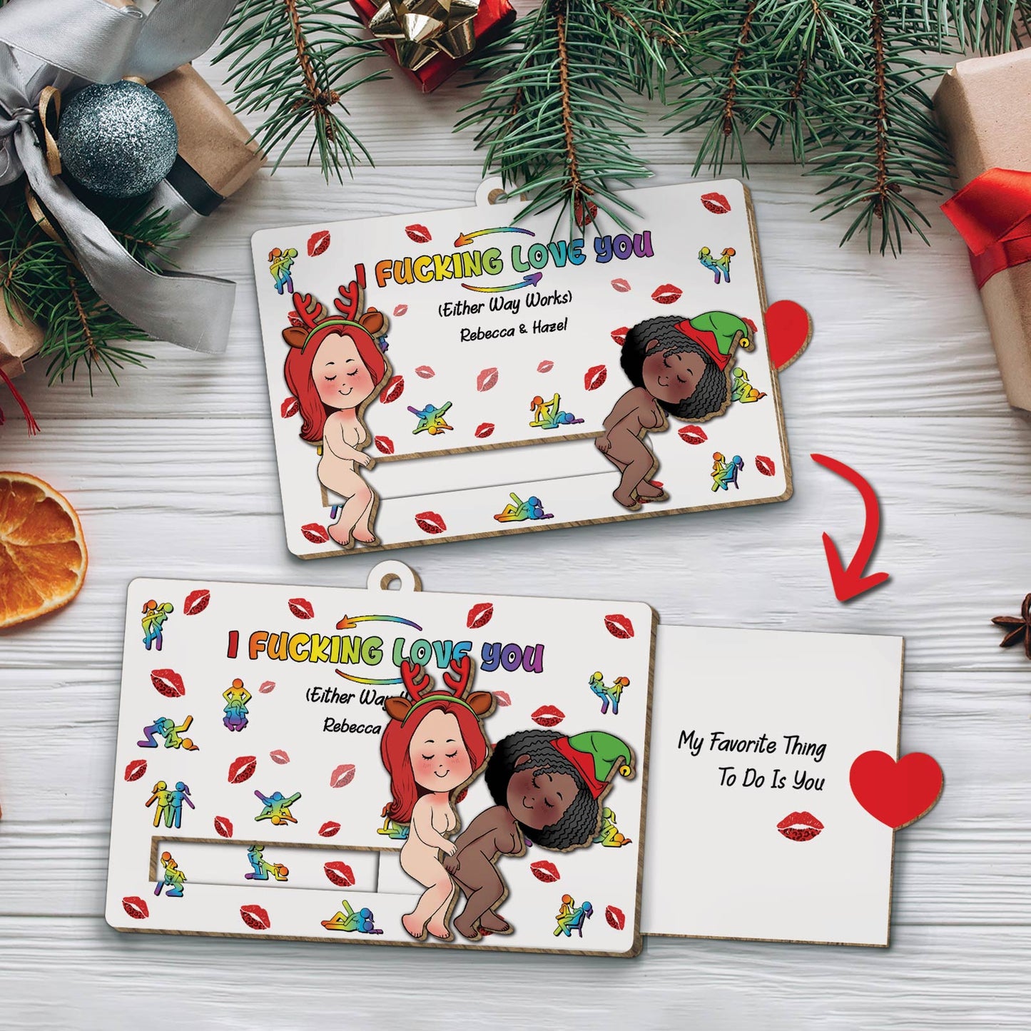 365Gifty personalized couple wooden ornament featuring playful cartoon characters with customizable names and holiday theme
