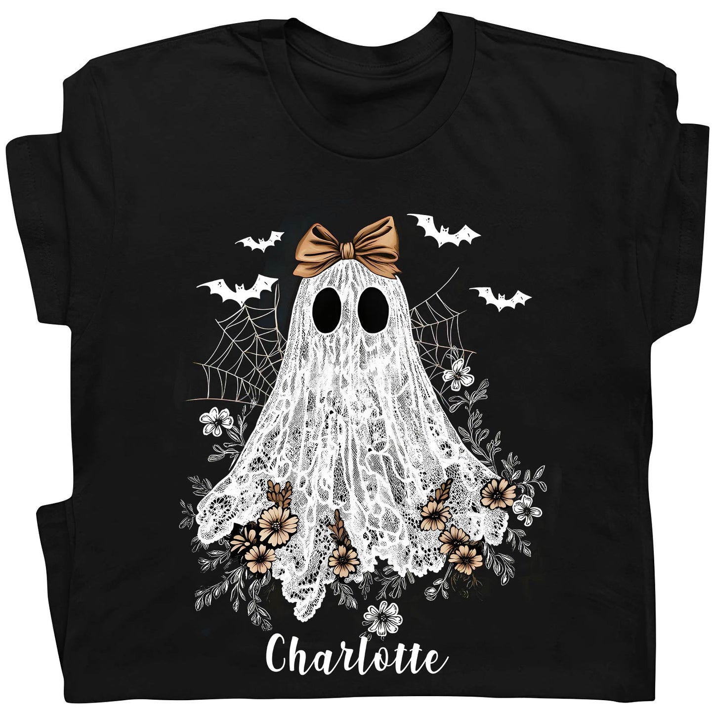 Black personalized Halloween ghost shirt with lace ghost, brown bow, bats, flowers, and custom name Charlotte