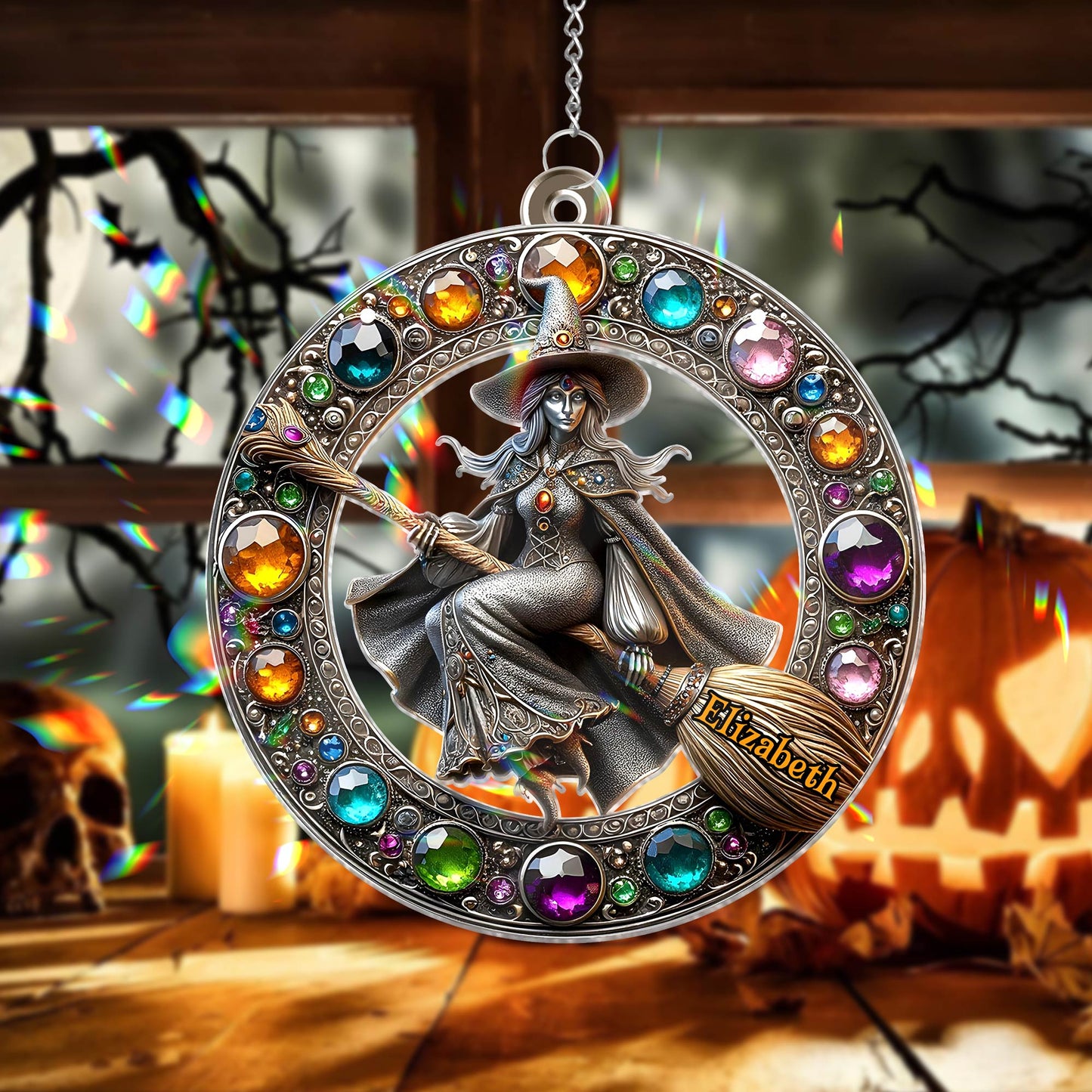 Personalized Halloween witch suncatcher with colorful gems and printed broomstick name tag Elizabeth