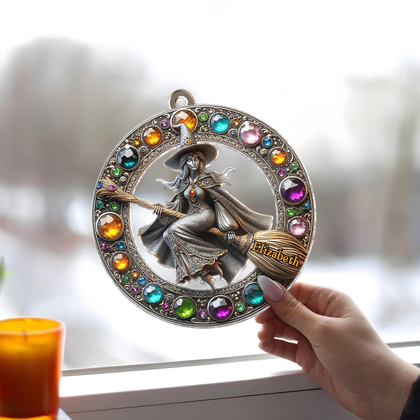 Personalized Halloween witch suncatcher with colorful gems and custom name Elizabeth on broomstick
