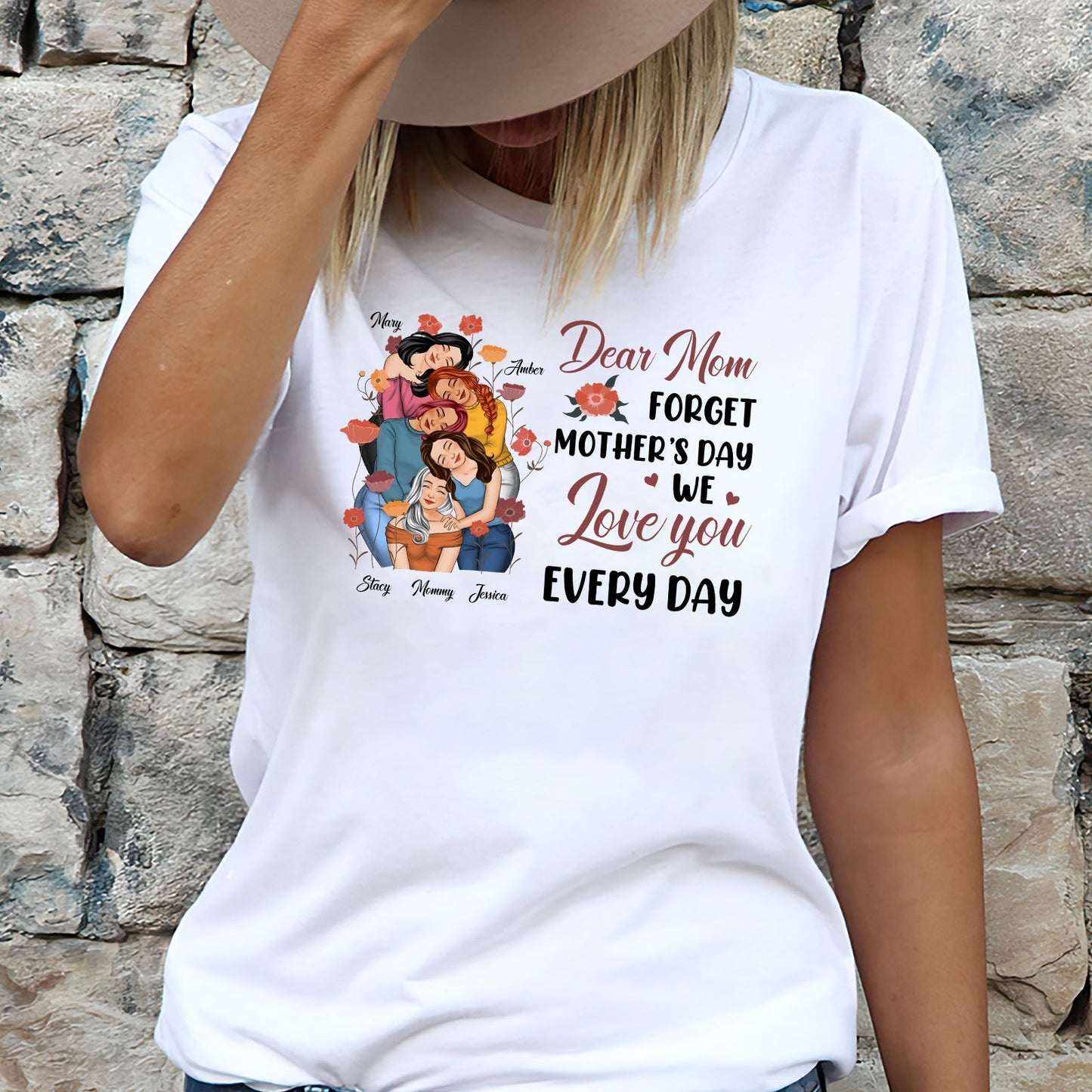 White we love you every day mom tee with colorful mother and daughters illustration and heartfelt message