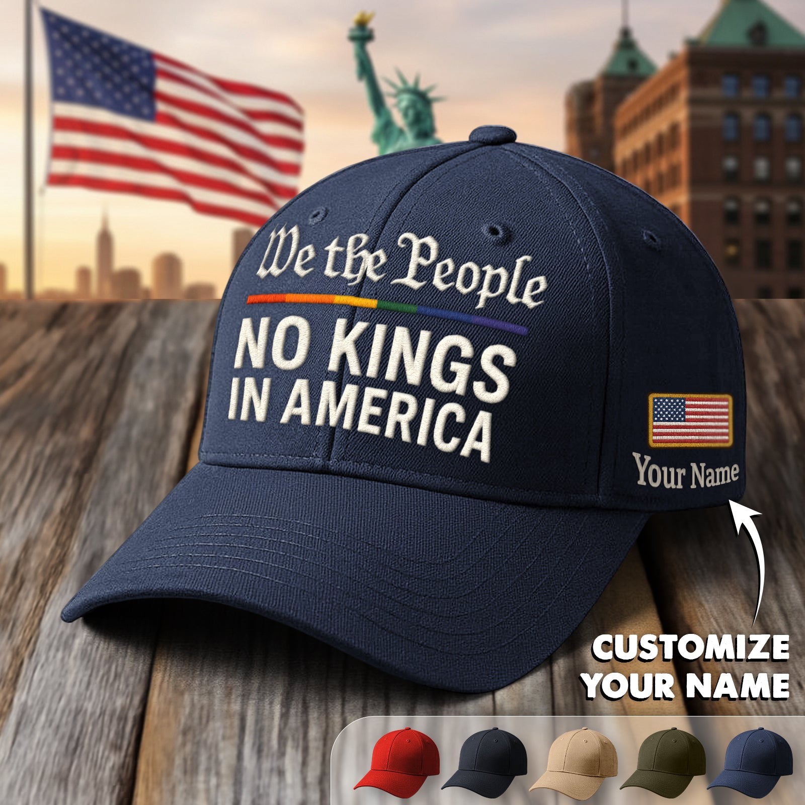 We the People embroidered cap in navy with customizable name and patriotic designs
