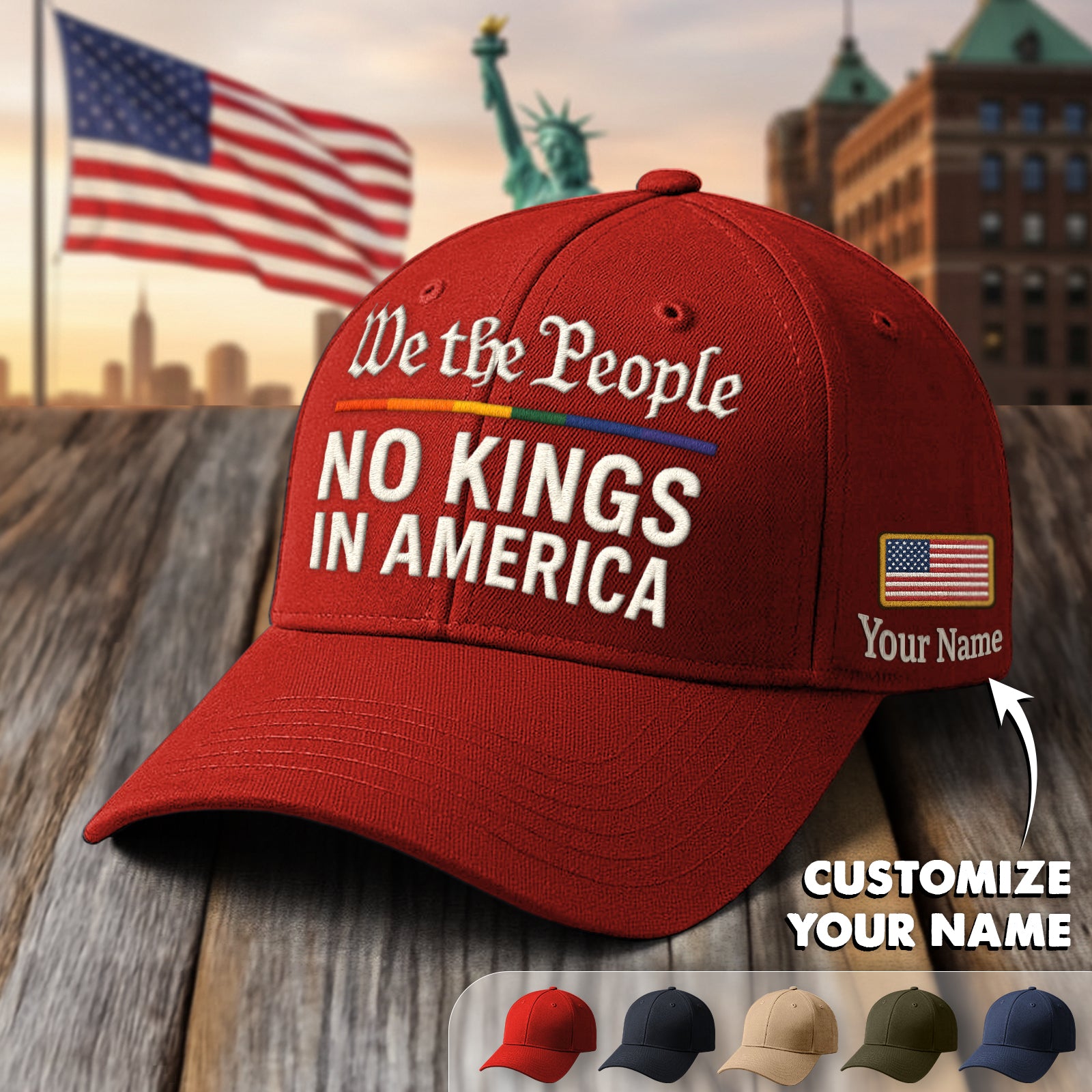 We the People embroidered cap in red with customizable name option and American flag design