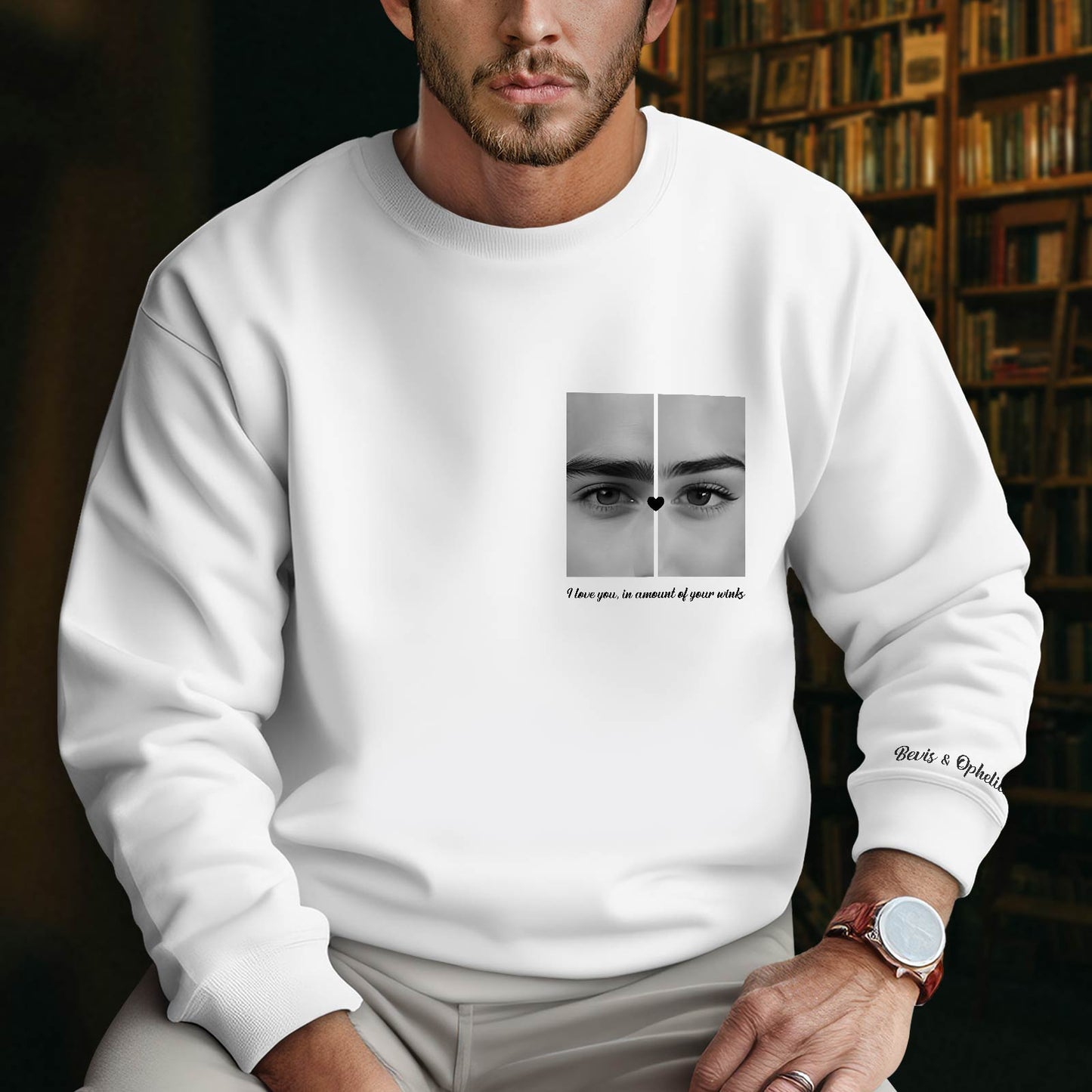 White sweatshirt from 365Gifty featuring personalized couple shirts design with black and white eye graphics and romantic text