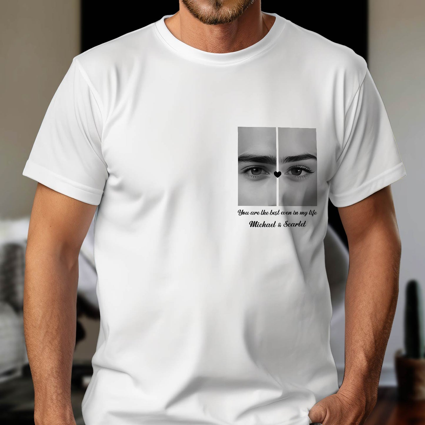 White personalized couple shirts with custom photo and names Michael and Scarlett on front