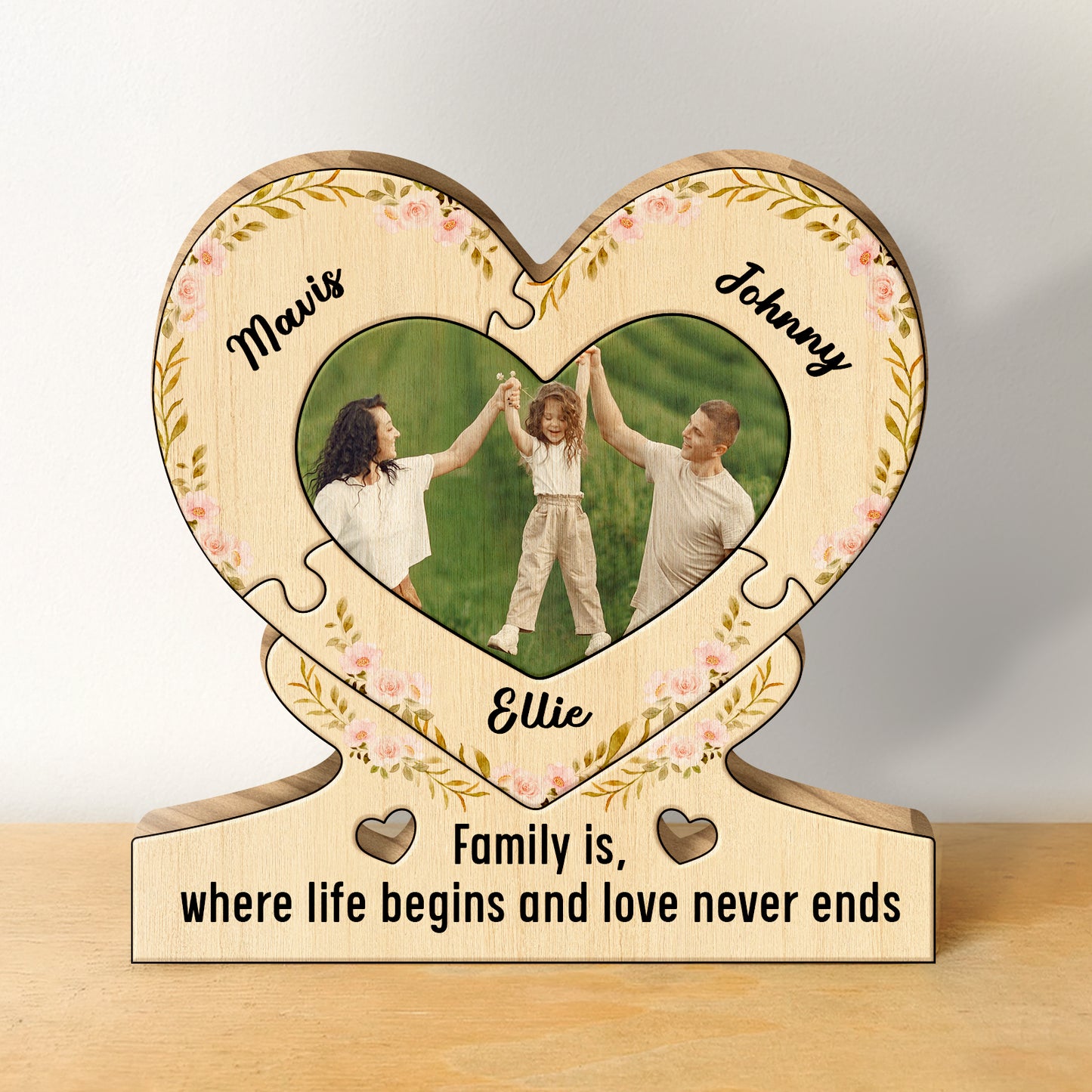 Heart-shaped wooden puzzle for family with custom photo and names Mavis Johnny Ellie, floral design